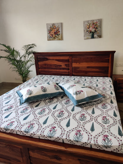 Premium Hand Block Printed Green Cypress and Floral COTTON Bedsheet with Reversible(2 Pillow +1 Cushion) Covers