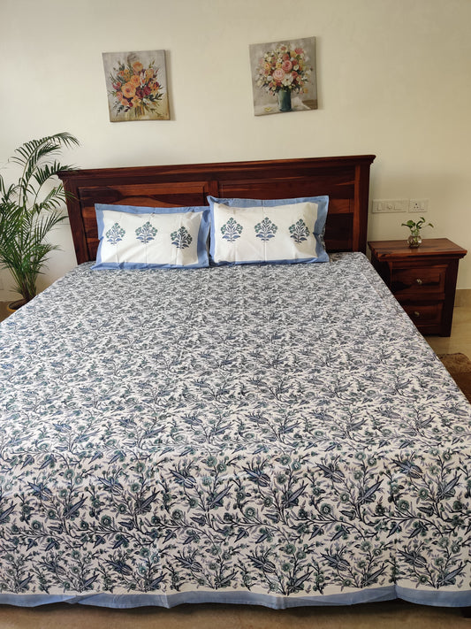 Premium Hand Block Printed Blue Floral COTTON Bedsheet with Reversible 2 Pillow Covers