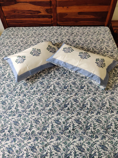 Premium Hand Block Printed Blue Floral COTTON Bedsheet with Reversible 2 Pillow Covers