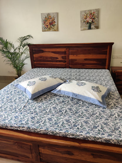 Premium Hand Block Printed Blue Floral COTTON Bedsheet with Reversible 2 Pillow Covers