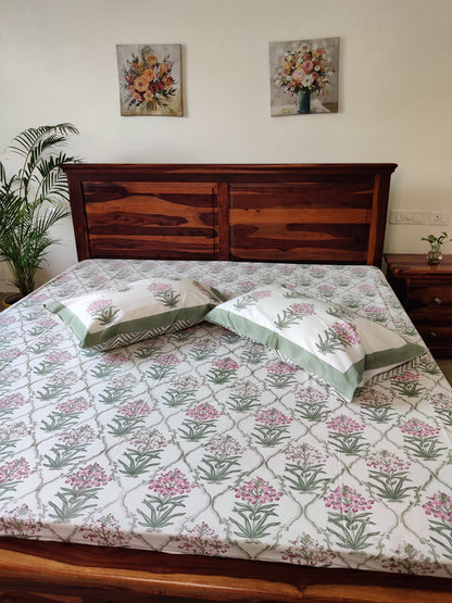 Premium Hand Block Printed Lavender Floral COTTON Bedsheet with Reversible 2 Pillow Covers