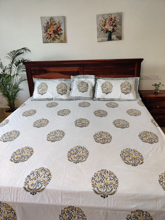 Premium Hand Block Printed Orange Buti COTTON Bedsheet with Reversible (2 Pillow+1 Cushion) Covers