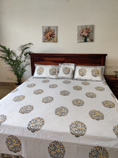 Premium Hand Block Printed Orange Buti COTTON Bedsheet with Reversible (2 Pillow+1 Cushion) Covers