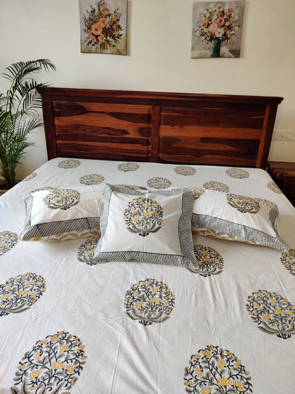 Premium Hand Block Printed Orange Buti COTTON Bedsheet with Reversible (2 Pillow+1 Cushion) Covers