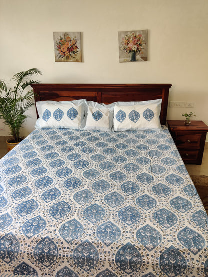 Premium Hand Block Printed Sky Blue COTTON Bedsheet with Reversible (2 Pillow+1 Cushion) Covers