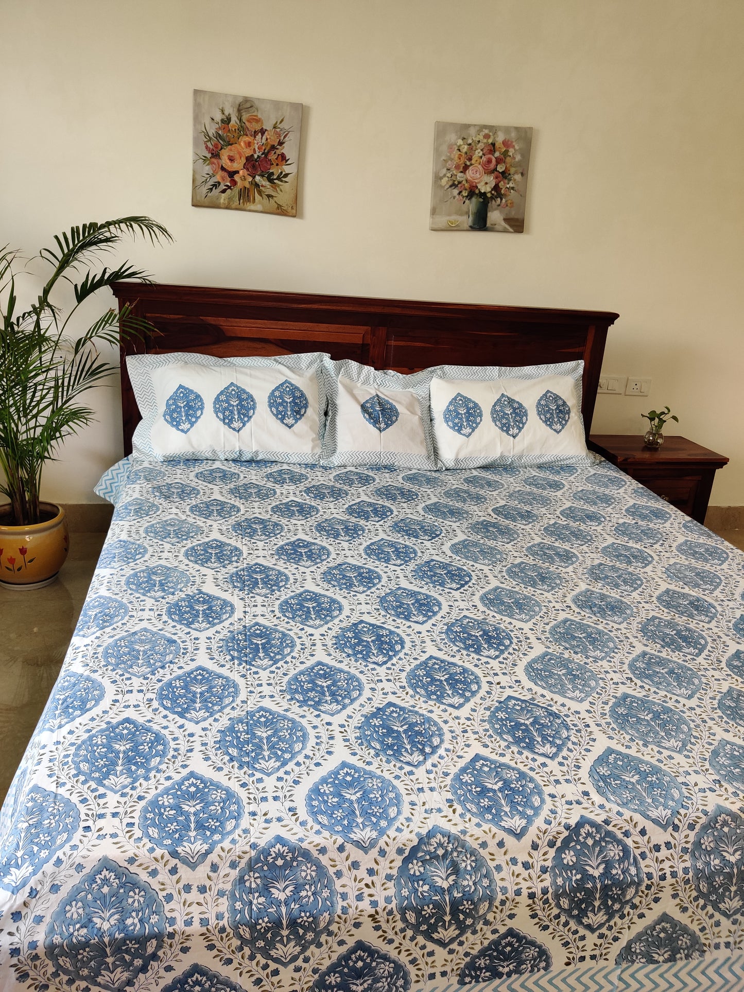 Premium Hand Block Printed Sky Blue COTTON Bedsheet with Reversible (2 Pillow+1 Cushion) Covers