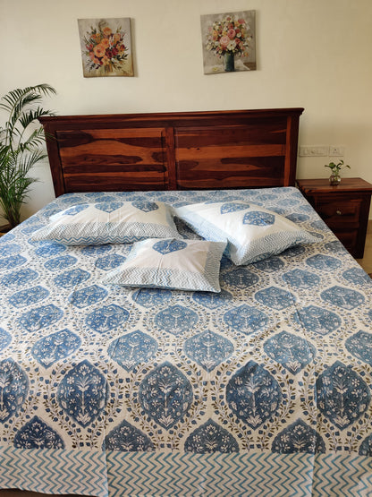 Premium Hand Block Printed Sky Blue COTTON Bedsheet with Reversible (2 Pillow+1 Cushion) Covers