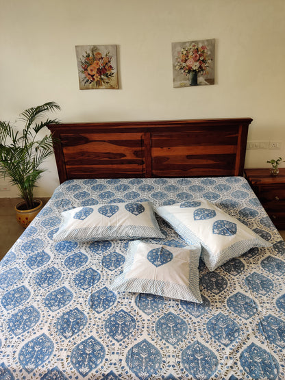 Premium Hand Block Printed Sky Blue COTTON Bedsheet with Reversible (2 Pillow+1 Cushion) Covers