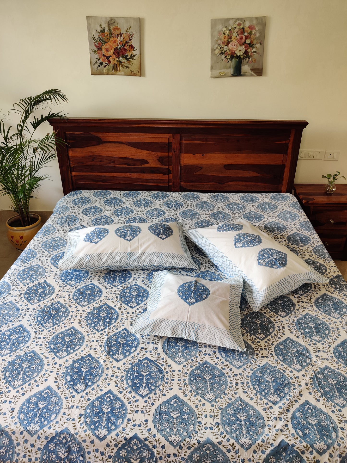 Premium Hand Block Printed Sky Blue COTTON Bedsheet with Reversible (2 Pillow+1 Cushion) Covers