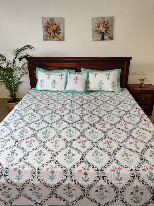 Premium Hand Block Printed Floral COTTON Bedsheet with Reversible 2 Pillow Covers