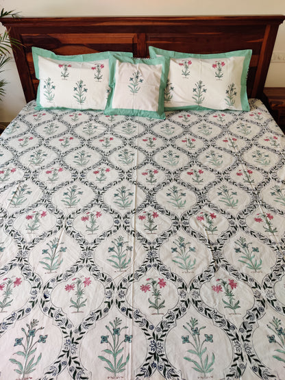 Premium Hand Block Printed Floral COTTON Bedsheet with Reversible 2 Pillow Covers