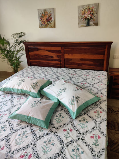 Premium Hand Block Printed Floral COTTON Bedsheet with Reversible 2 Pillow Covers