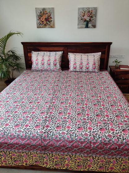 Aaliyah Pink Floral King Size COTTON Bedsheet with Two Reversible Pillow Covers