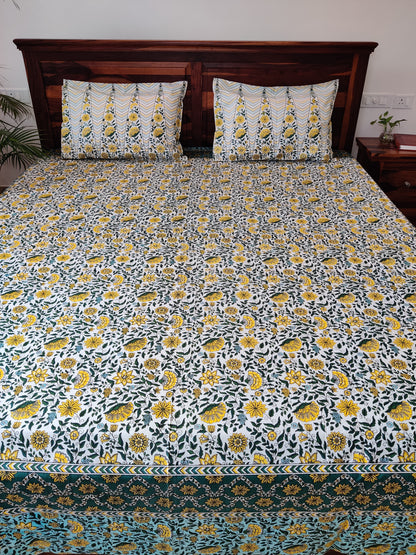 Aaliyah Sea Green Floral King Size COTTON Bedsheet with Two Reversible Pillow Covers