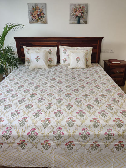 Premium Hand Block Printed Golden Jaal Poppy Floral COTTON Bedsheet with Reversible (2 Pillow+1 Cushion) Covers