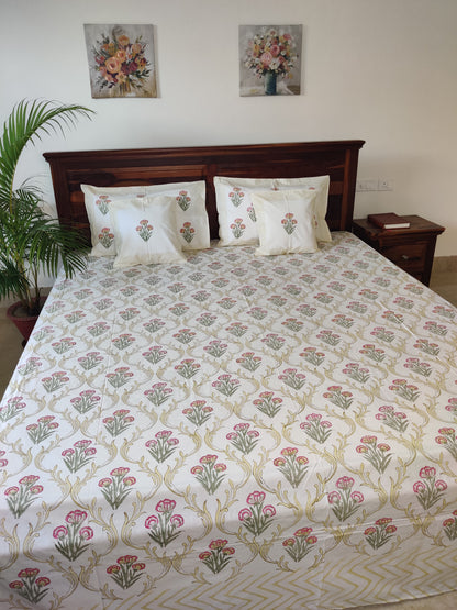 Premium Hand Block Printed Golden Jaal Poppy Floral COTTON Bedsheet with Reversible (2 Pillow+1 Cushion) Covers