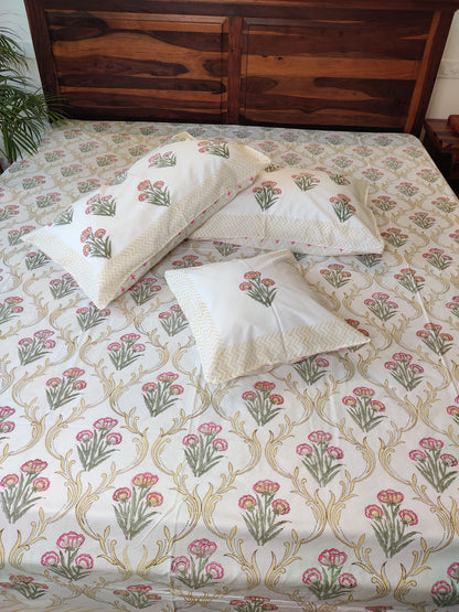 Premium Hand Block Printed Golden Jaal Poppy Floral COTTON Bedsheet with Reversible (2 Pillow+1 Cushion) Covers