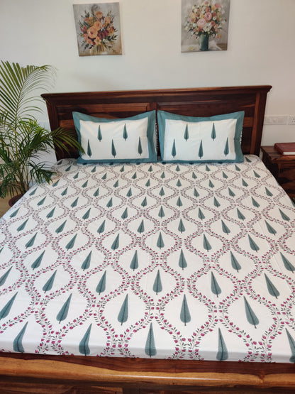 Premium Hand Block Printed Green Cypress COTTON Bedsheet with Reversible (2 Pillow +1 Cushion) Covers