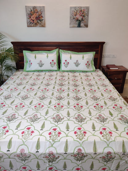 Premium Hand Block Printed Parrot Green Cypress and Floral COTTON Bedsheet with Reversible 2 Pillow Covers