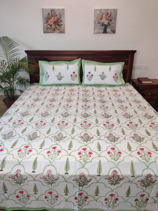 Premium Hand Block Printed Parrot Green Cypress and Floral COTTON Bedsheet with Reversible 2 Pillow Covers