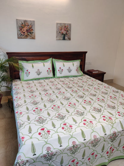 Premium Hand Block Printed Parrot Green Cypress and Floral COTTON Bedsheet with Reversible 2 Pillow Covers