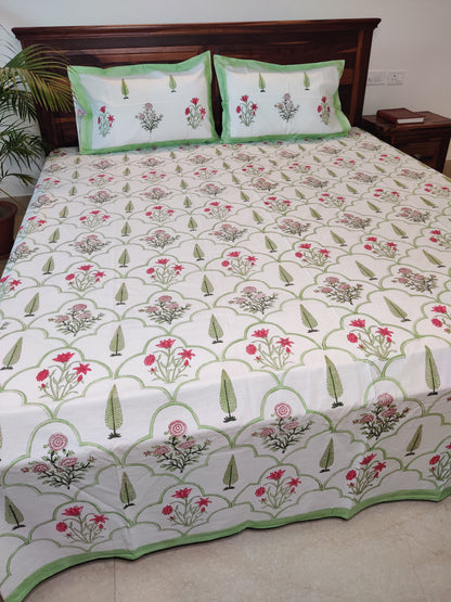 Premium Hand Block Printed Parrot Green Cypress and Floral COTTON Bedsheet with Reversible 2 Pillow Covers