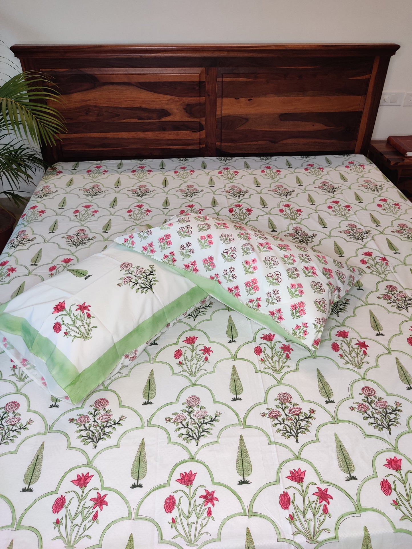 Premium Hand Block Printed Parrot Green Cypress and Floral COTTON Bedsheet with Reversible 2 Pillow Covers