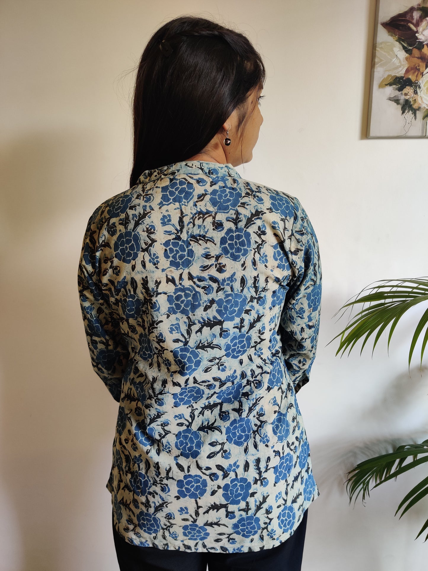 Blue n Grey Hand Block Printed Collar Kurti