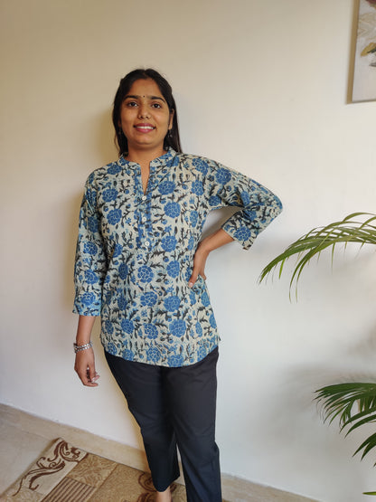 Blue n Grey Hand Block Printed Collar Kurti