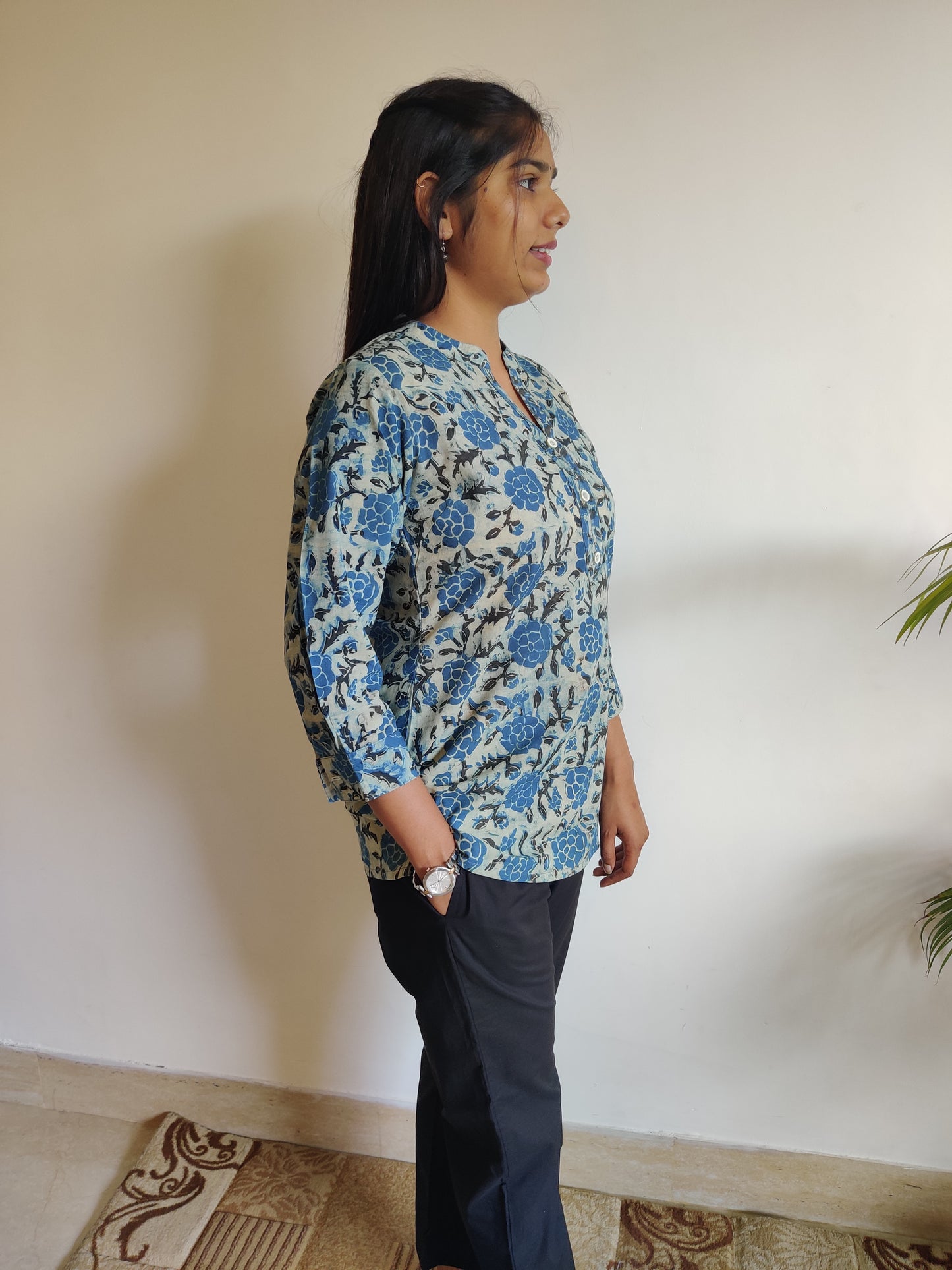 Blue n Grey Hand Block Printed Collar Kurti