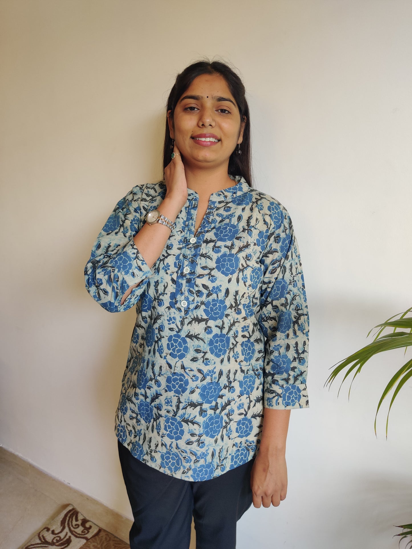 Blue n Grey Hand Block Printed Collar Kurti