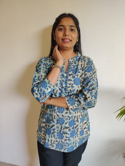 Blue n Grey Hand Block Printed Collar Kurti