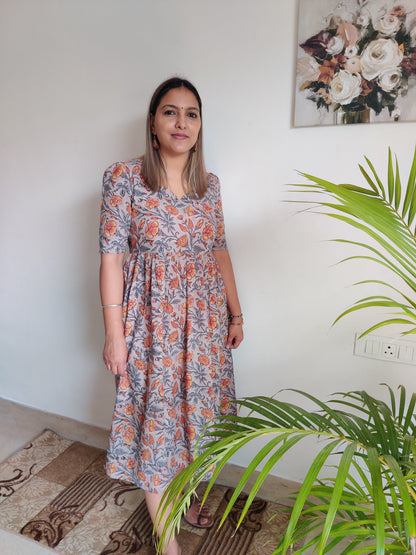 Grey and Maroon Ajrakh Hand Block Printed Dress