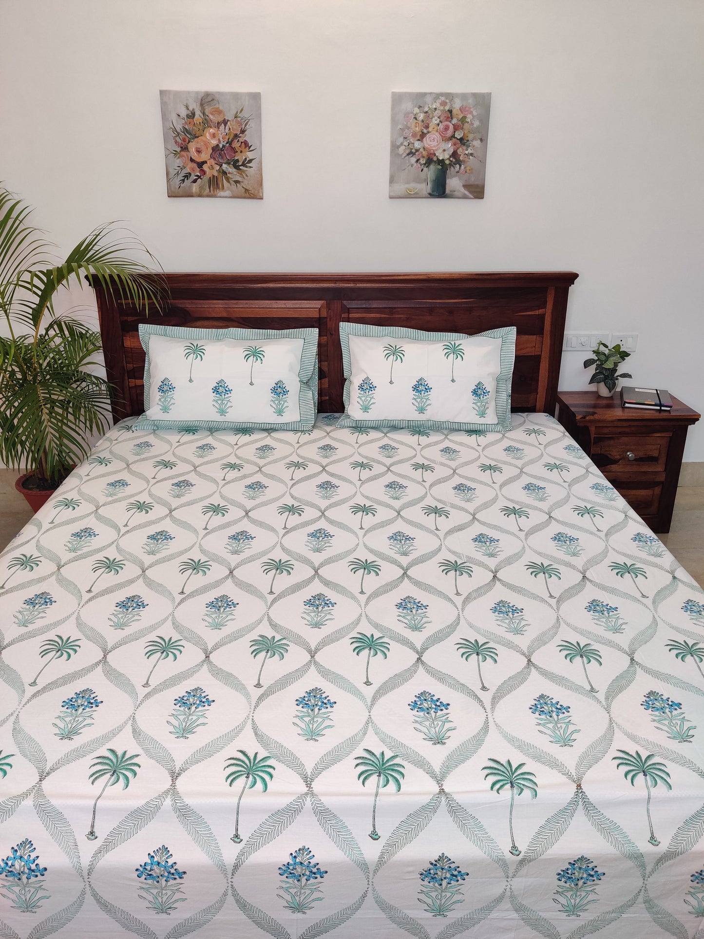 Premium Hand Block Printed Palm Tree with Blue Floral COTTON Bedsheet with Reversible 2 Pillow Covers