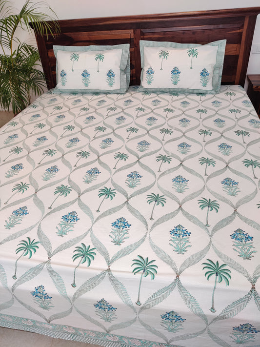 Premium Hand Block Printed Palm Tree with Blue Floral COTTON Bedsheet with Reversible 2 Pillow Covers