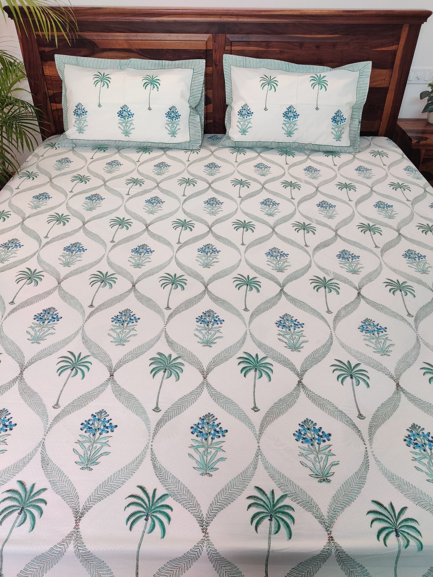 Premium Hand Block Printed Palm Tree with Blue Floral COTTON Bedsheet with Reversible 2 Pillow Covers