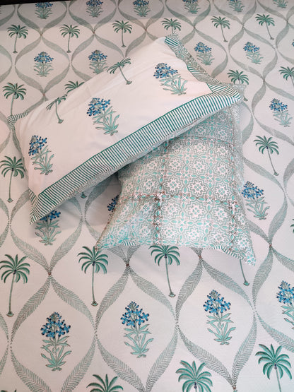 Premium Hand Block Printed Palm Tree with Blue Floral COTTON Bedsheet with Reversible 2 Pillow Covers