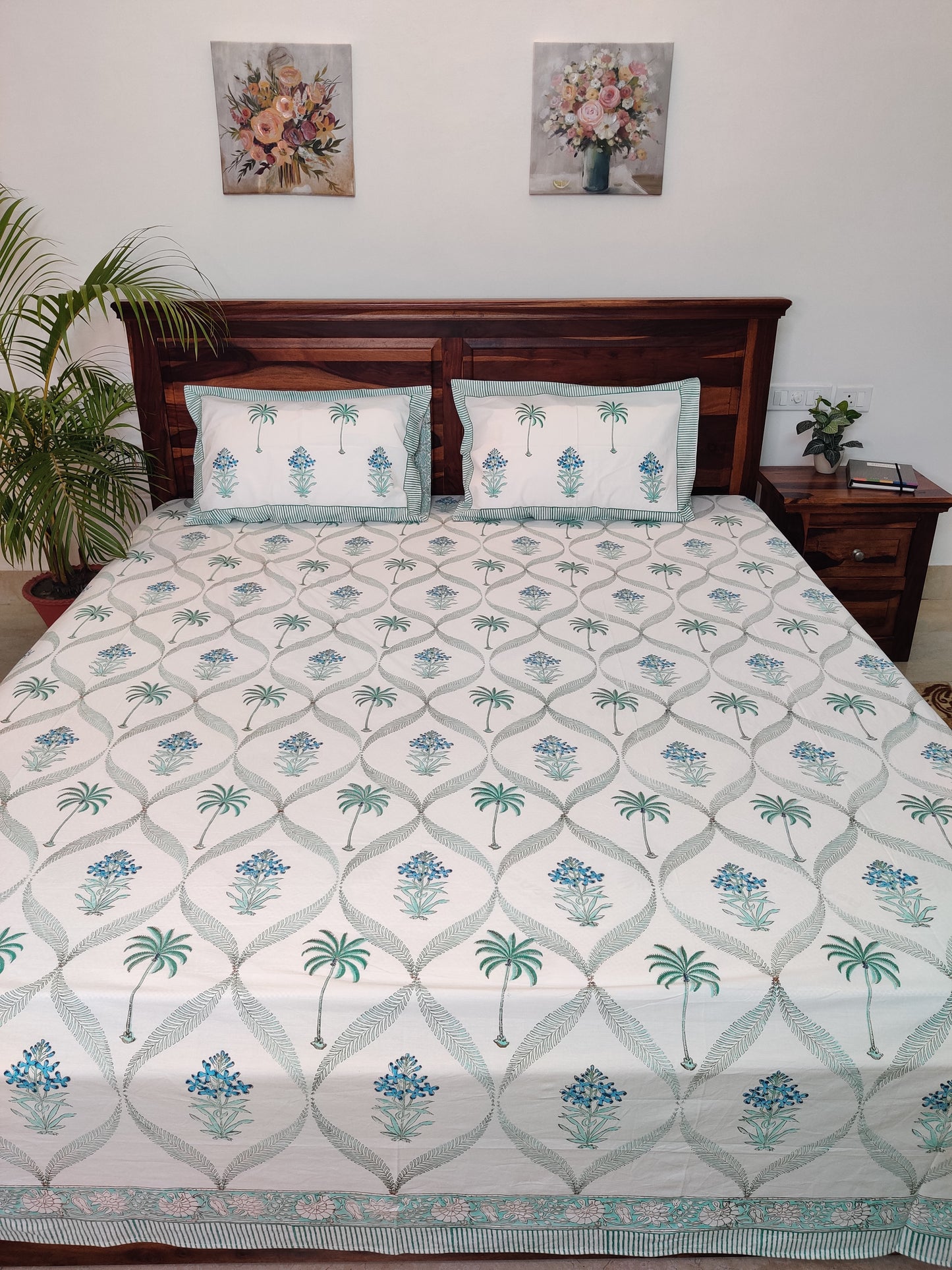 Premium Hand Block Printed Palm Tree with Blue Floral COTTON Bedsheet with Reversible 2 Pillow Covers