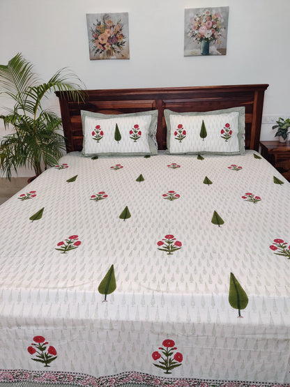 Premium Hand Block Printed Green Double Cypress COTTON Bedsheet with Reversible 2 Pillow Covers