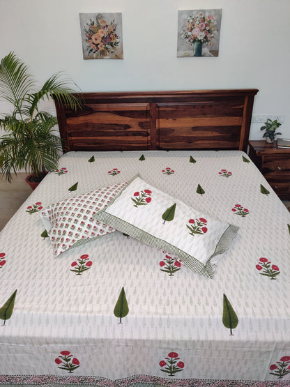 Premium Hand Block Printed Green Double Cypress COTTON Bedsheet with Reversible 2 Pillow Covers