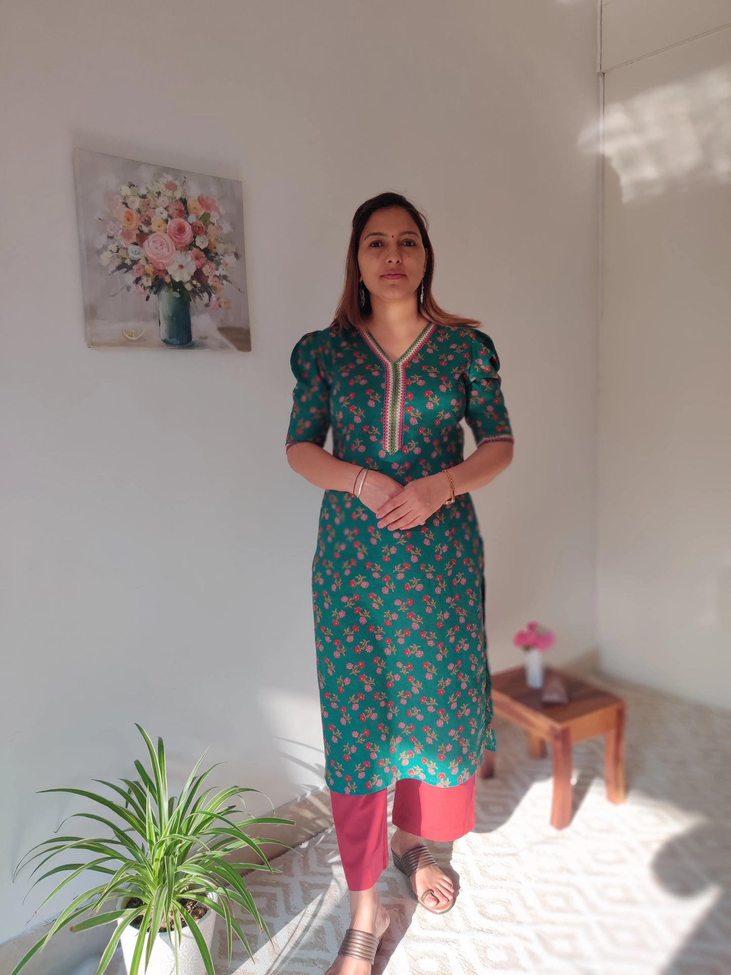 Dark Green Floral V-Neck Kurta