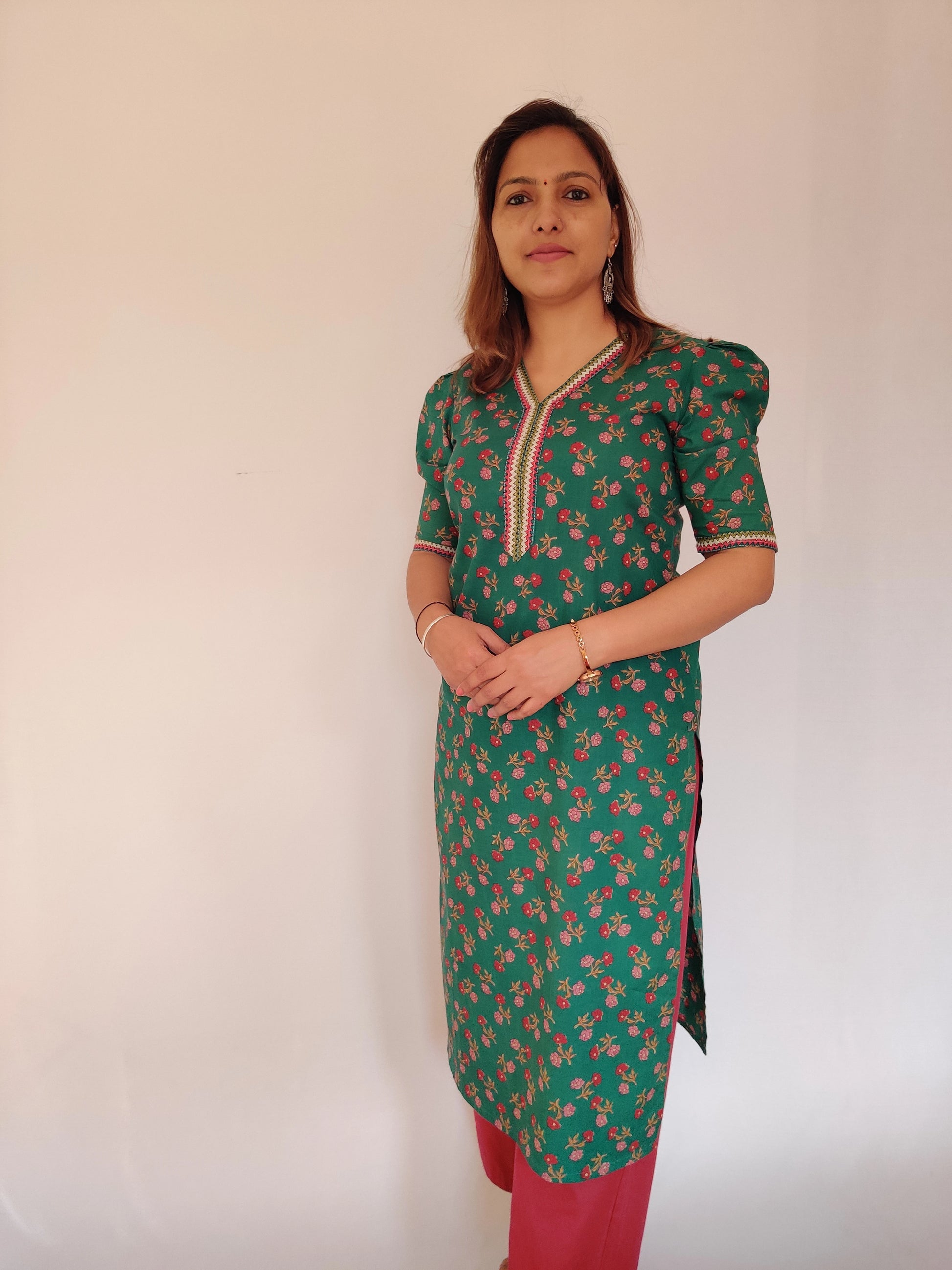 Dark Green Floral V-Neck Kurta