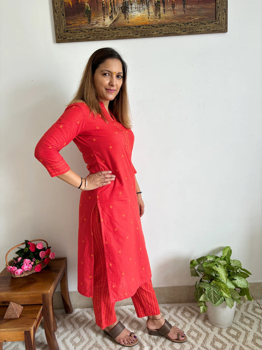 South Cotton Orange Red Collar Kurta and Pant Set
