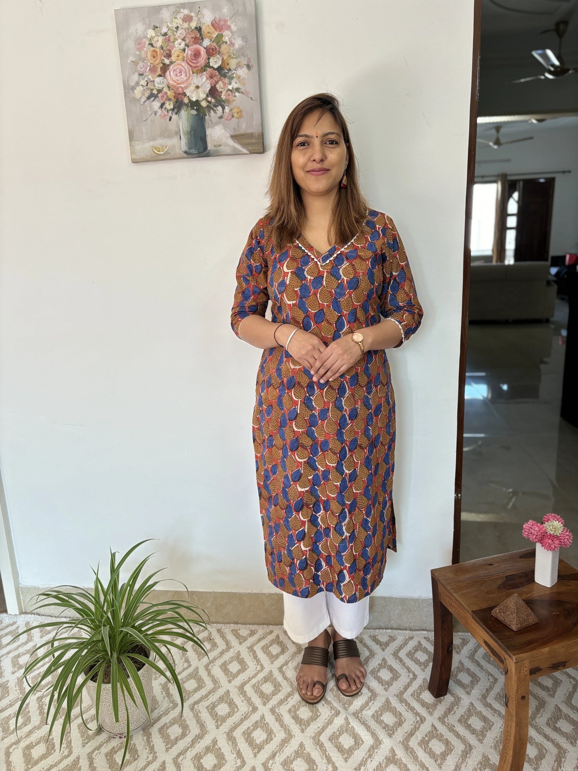 Ajrakh Blue and Brown Leaf Cotton Kurta