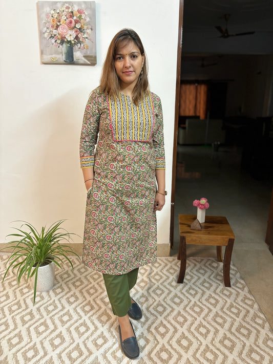 Green and Pink Floral Cotton Yoke Kurta