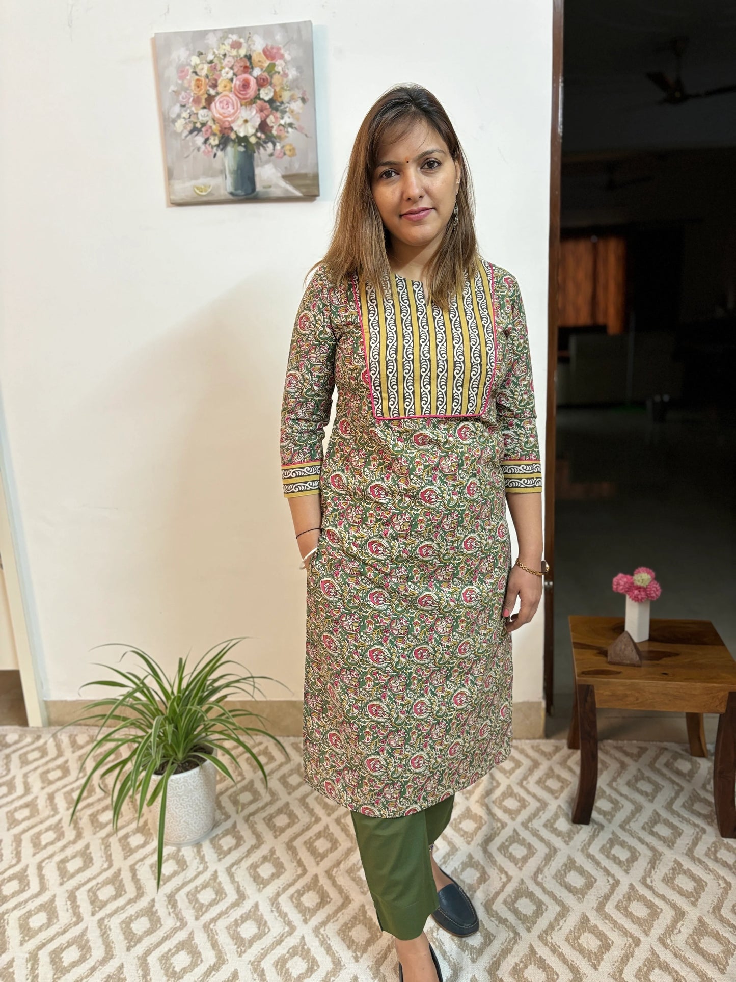 Green and Pink Floral Cotton Yoke Kurta