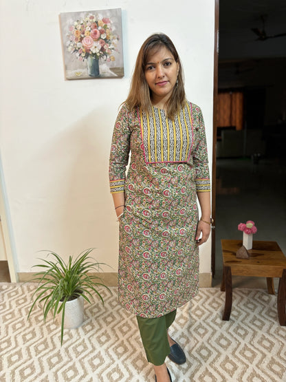 Green and Pink Floral Cotton Yoke Kurta