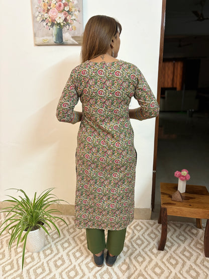 Green and Pink Floral Cotton Yoke Kurta