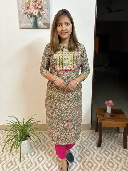 Green and Pink Floral Cotton Yoke Kurta