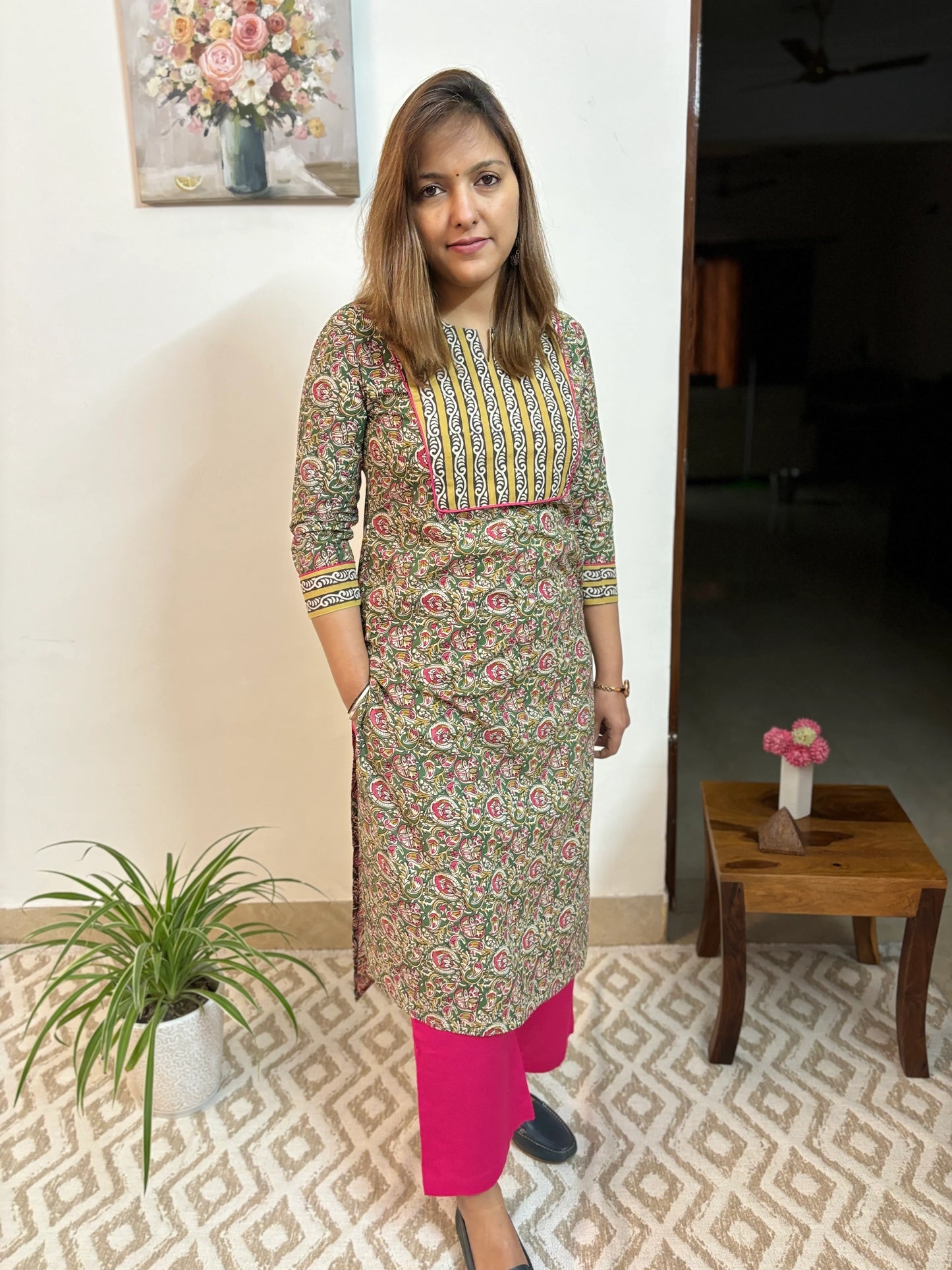 Green and Pink Floral Cotton Yoke Kurta